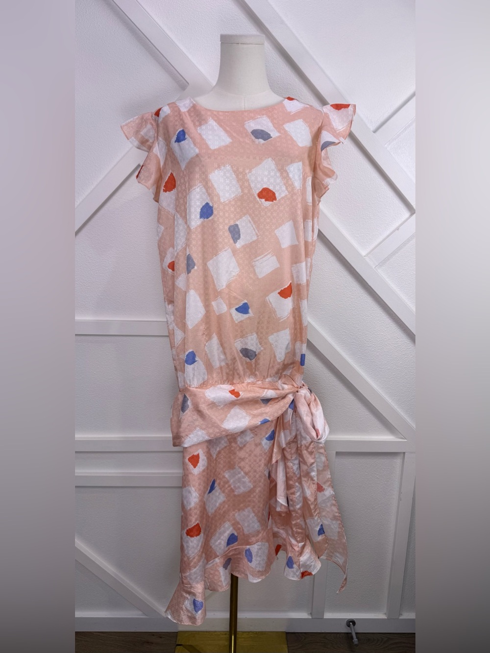 Vintage Malouf 80s Abstract Ruffle Drop Waist Midi Dress Pink Size Large